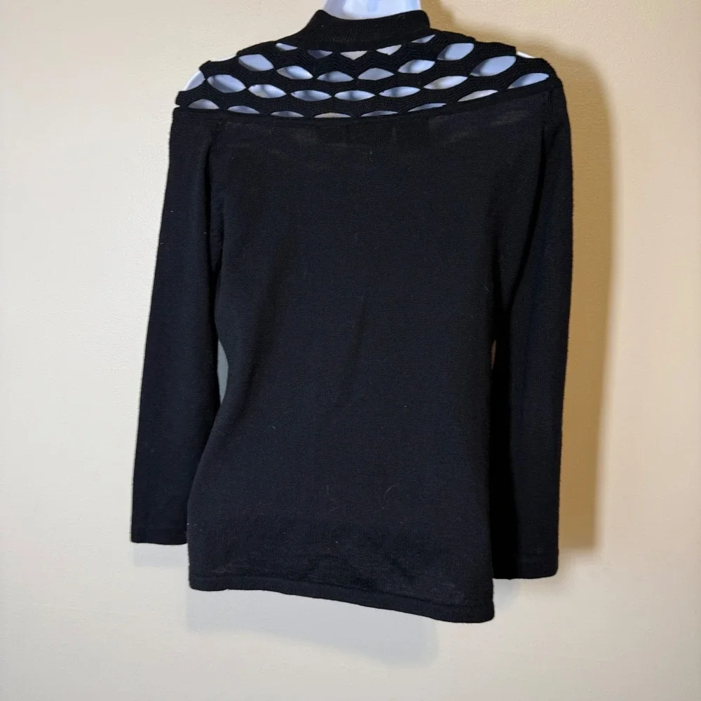 VTG Anne Klein II Black Knit Sweater Top Mock Neck Lattice Cutout Small Petite‎
